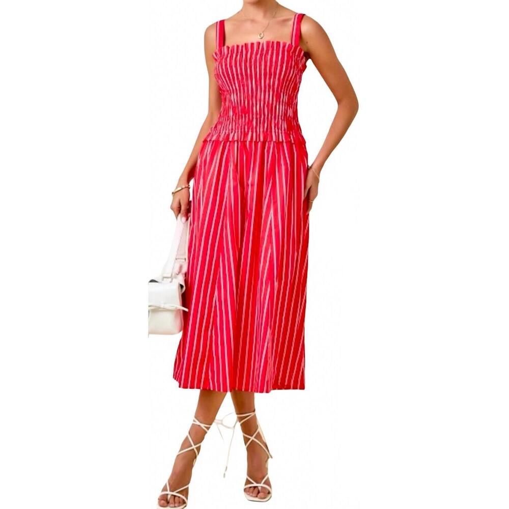 NEW DAY + MOON smocked striped midi dress in red/white